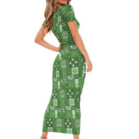 Vintage Hawaiian Quilting Patterns Short Sleeve Bodycon Dress Green Style Tribal Fabric Patchwork - Polynesian Pride
