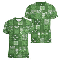 Vintage Hawaiian Quilting Patterns Women V-Neck T-Shirt Green Style Tribal Fabric Patchwork - Polynesian Pride