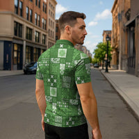 Vintage Hawaiian Quilting Patterns Zipper Polo Shirt Green Style Tribal Fabric Patchwork - Polynesian Pride