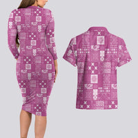 Vintage Hawaiian Quilting Patterns Couples Matching Long Sleeve Bodycon Dress and Hawaiian Shirt Pink Style Tribal Fabric Patchwork - Polynesian Pride