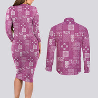 Vintage Hawaiian Quilting Patterns Couples Matching Long Sleeve Bodycon Dress and Long Sleeve Button Shirt Pink Style Tribal Fabric Patchwork - Polynesian Pride