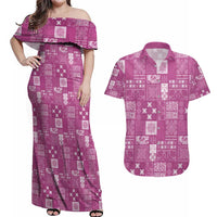 Vintage Hawaiian Quilting Patterns Couples Matching Off Shoulder Maxi Dress and Hawaiian Shirt Pink Style Tribal Fabric Patchwork - Polynesian Pride