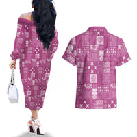Vintage Hawaiian Quilting Patterns Couples Matching Off The Shoulder Long Sleeve Dress and Hawaiian Shirt Pink Style Tribal Fabric Patchwork - Polynesian Pride