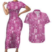 Vintage Hawaiian Quilting Patterns Couples Matching Short Sleeve Bodycon Dress and Hawaiian Shirt Pink Style Tribal Fabric Patchwork - Polynesian Pride