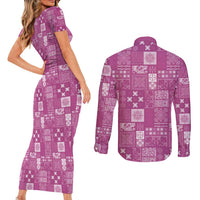 Vintage Hawaiian Quilting Patterns Couples Matching Short Sleeve Bodycon Dress and Long Sleeve Button Shirt Pink Style Tribal Fabric Patchwork - Polynesian Pride