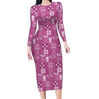 Vintage Hawaiian Quilting Patterns Family Matching Long Sleeve Bodycon Dress and Hawaiian Shirt Pink Style Tribal Fabric Patchwork - Polynesian Pride