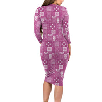 Vintage Hawaiian Quilting Patterns Family Matching Long Sleeve Bodycon Dress and Hawaiian Shirt Pink Style Tribal Fabric Patchwork - Polynesian Pride