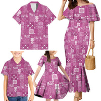 Vintage Hawaiian Quilting Patterns Family Matching Mermaid Dress and Hawaiian Shirt Pink Style Tribal Fabric Patchwork - Polynesian Pride