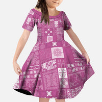 Vintage Hawaiian Quilting Patterns Family Matching Off The Shoulder Long Sleeve Dress and Hawaiian Shirt Pink Style Tribal Fabric Patchwork - Polynesian Pride