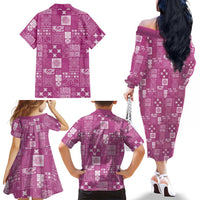 Vintage Hawaiian Quilting Patterns Family Matching Off The Shoulder Long Sleeve Dress and Hawaiian Shirt Pink Style Tribal Fabric Patchwork - Polynesian Pride