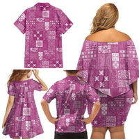 Vintage Hawaiian Quilting Patterns Family Matching Off Shoulder Short Dress and Hawaiian Shirt Pink Style Tribal Fabric Patchwork - Polynesian Pride