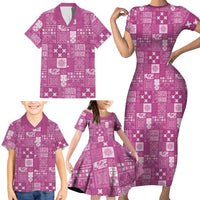 Vintage Hawaiian Quilting Patterns Family Matching Short Sleeve Bodycon Dress and Hawaiian Shirt Pink Style Tribal Fabric Patchwork - Polynesian Pride