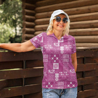 Vintage Hawaiian Quilting Patterns Women Polo Shirt Pink Style Tribal Fabric Patchwork - Polynesian Pride