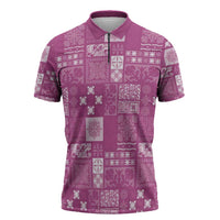 Vintage Hawaiian Quilting Patterns Zipper Polo Shirt Pink Style Tribal Fabric Patchwork LT9 Pink - Polynesian Pride