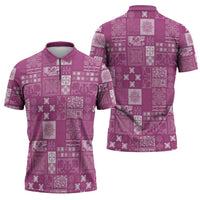 Vintage Hawaiian Quilting Patterns Zipper Polo Shirt Pink Style Tribal Fabric Patchwork LT9 - Polynesian Pride