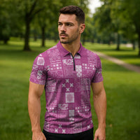 Vintage Hawaiian Quilting Patterns Zipper Polo Shirt Pink Style Tribal Fabric Patchwork LT9 - Polynesian Pride