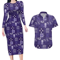 Vintage Hawaiian Quilting Patterns Couples Matching Long Sleeve Bodycon Dress and Hawaiian Shirt Purple Style Tribal Fabric Patchwork - Polynesian Pride