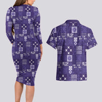 Vintage Hawaiian Quilting Patterns Couples Matching Long Sleeve Bodycon Dress and Hawaiian Shirt Purple Style Tribal Fabric Patchwork - Polynesian Pride