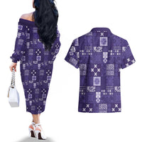 Vintage Hawaiian Quilting Patterns Couples Matching Off The Shoulder Long Sleeve Dress and Hawaiian Shirt Purple Style Tribal Fabric Patchwork - Polynesian Pride