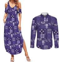 Vintage Hawaiian Quilting Patterns Couples Matching Summer Maxi Dress and Long Sleeve Button Shirt Purple Style Tribal Fabric Patchwork LT9 Purple - Polynesian Pride