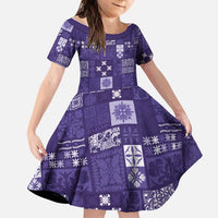 Vintage Hawaiian Quilting Patterns Family Matching Off The Shoulder Long Sleeve Dress and Hawaiian Shirt Purple Style Tribal Fabric Patchwork - Polynesian Pride