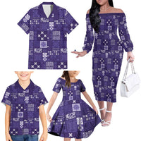 Vintage Hawaiian Quilting Patterns Family Matching Off The Shoulder Long Sleeve Dress and Hawaiian Shirt Purple Style Tribal Fabric Patchwork - Polynesian Pride
