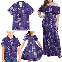 Vintage Hawaiian Quilting Patterns Family Matching Off Shoulder Maxi Dress and Hawaiian Shirt Purple Style Tribal Fabric Patchwork - Polynesian Pride