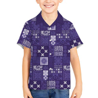 Vintage Hawaiian Quilting Patterns Family Matching Off Shoulder Short Dress and Hawaiian Shirt Purple Style Tribal Fabric Patchwork - Polynesian Pride
