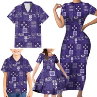 Vintage Hawaiian Quilting Patterns Family Matching Short Sleeve Bodycon Dress and Hawaiian Shirt Purple Style Tribal Fabric Patchwork - Polynesian Pride