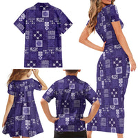 Vintage Hawaiian Quilting Patterns Family Matching Short Sleeve Bodycon Dress and Hawaiian Shirt Purple Style Tribal Fabric Patchwork - Polynesian Pride