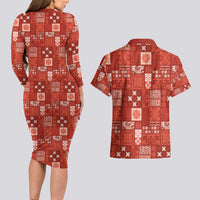 Vintage Hawaiian Quilting Patterns Couples Matching Long Sleeve Bodycon Dress and Hawaiian Shirt Red Style Tribal Fabric Patchwork - Polynesian Pride