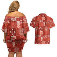 Vintage Hawaiian Quilting Patterns Couples Matching Off Shoulder Short Dress and Hawaiian Shirt Red Style Tribal Fabric Patchwork - Polynesian Pride