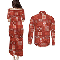 Vintage Hawaiian Quilting Patterns Couples Matching Puletasi and Long Sleeve Button Shirt Red Style Tribal Fabric Patchwork - Polynesian Pride