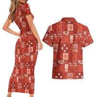 Vintage Hawaiian Quilting Patterns Couples Matching Short Sleeve Bodycon Dress and Hawaiian Shirt Red Style Tribal Fabric Patchwork - Polynesian Pride