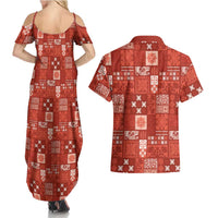 Vintage Hawaiian Quilting Patterns Couples Matching Summer Maxi Dress and Hawaiian Shirt Red Style Tribal Fabric Patchwork - Polynesian Pride