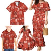 Vintage Hawaiian Quilting Patterns Family Matching Mermaid Dress and Hawaiian Shirt Red Style Tribal Fabric Patchwork - Polynesian Pride