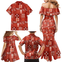 Vintage Hawaiian Quilting Patterns Family Matching Mermaid Dress and Hawaiian Shirt Red Style Tribal Fabric Patchwork - Polynesian Pride