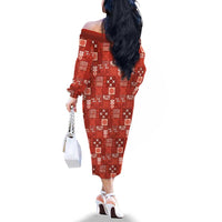 Vintage Hawaiian Quilting Patterns Family Matching Off The Shoulder Long Sleeve Dress and Hawaiian Shirt Red Style Tribal Fabric Patchwork - Polynesian Pride