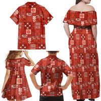 Vintage Hawaiian Quilting Patterns Family Matching Off Shoulder Maxi Dress and Hawaiian Shirt Red Style Tribal Fabric Patchwork - Polynesian Pride