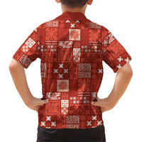 Vintage Hawaiian Quilting Patterns Family Matching Off Shoulder Short Dress and Hawaiian Shirt Red Style Tribal Fabric Patchwork - Polynesian Pride