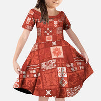 Vintage Hawaiian Quilting Patterns Family Matching Off Shoulder Short Dress and Hawaiian Shirt Red Style Tribal Fabric Patchwork - Polynesian Pride