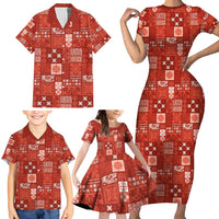Vintage Hawaiian Quilting Patterns Family Matching Short Sleeve Bodycon Dress and Hawaiian Shirt Red Style Tribal Fabric Patchwork - Polynesian Pride