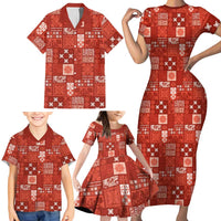 Vintage Hawaiian Quilting Patterns Family Matching Short Sleeve Bodycon Dress and Hawaiian Shirt Red Style Tribal Fabric Patchwork - Polynesian Pride