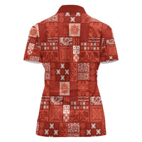 Vintage Hawaiian Quilting Patterns Women Polo Shirt Red Style Tribal Fabric Patchwork - Polynesian Pride