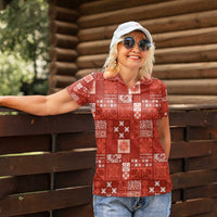 Vintage Hawaiian Quilting Patterns Women Polo Shirt Red Style Tribal Fabric Patchwork - Polynesian Pride