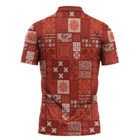 Vintage Hawaiian Quilting Patterns Zipper Polo Shirt Red Style Tribal Fabric Patchwork - Polynesian Pride