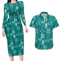 Vintage Hawaiian Quilting Patterns Couples Matching Long Sleeve Bodycon Dress and Hawaiian Shirt Turquoise Style Tribal Fabric Patchwork - Polynesian Pride