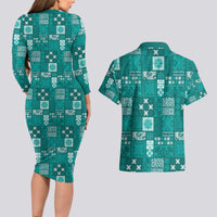 Vintage Hawaiian Quilting Patterns Couples Matching Long Sleeve Bodycon Dress and Hawaiian Shirt Turquoise Style Tribal Fabric Patchwork - Polynesian Pride