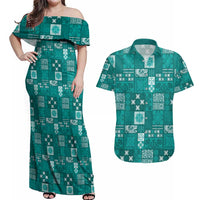 Vintage Hawaiian Quilting Patterns Couples Matching Off Shoulder Maxi Dress and Hawaiian Shirt Turquoise Style Tribal Fabric Patchwork - Polynesian Pride