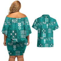 Vintage Hawaiian Quilting Patterns Couples Matching Off Shoulder Short Dress and Hawaiian Shirt Turquoise Style Tribal Fabric Patchwork - Polynesian Pride